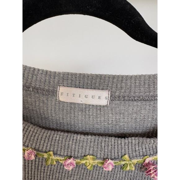 Vintage 90s Roses Thermal Top Gray Long Sleeve Crewneck Cozy Nostalgic Kidcore - Picture 4 of 7